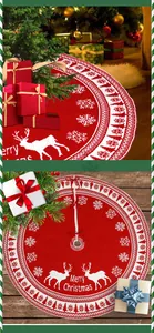 Detail van rode gebreide kerstboomrok met witte rendier- en sneeuwvlokmotieven