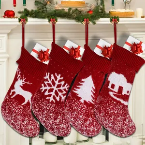 Knitted Christmas Stocking Red White Reindeer Snowflake Tree House Pattern Plush Cuff Fireplace Hanging Holiday Gift Bag