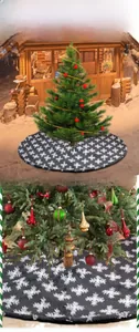 Detail of dark grey plush Christmas tree skirt with white snowflake jacquard pattern