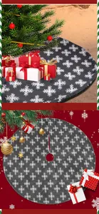 Detailed view of gray Christmas tree skirt featuring white snowflake knitted patterns