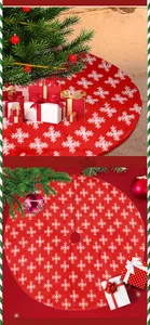 Detail of red Christmas tree skirt with white snowflake patterns and plush texture