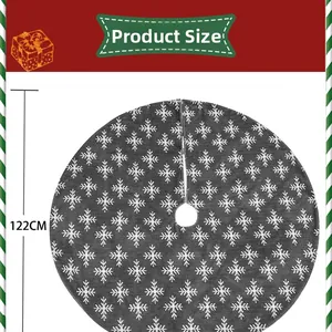 Detailed size chart showing a 122cm diameter grey Christmas tree skirt with white snowflake