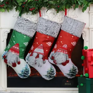 Christmas Stocking With 3D Gnome Faceless Doll Snowflake Pattern Plush Gray Cuff Burlap Holiday Gift Bag Tree Hanging Decor