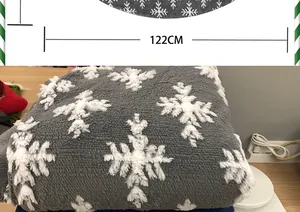 Detail view of 122CM plush grey Christmas tree skirt featuring white snowflake patterns