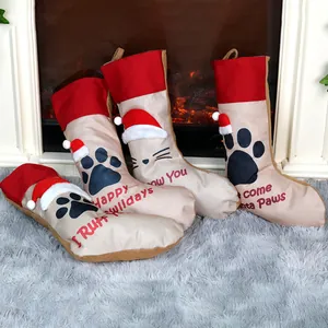Vierer-Set beige Weihnachtsstrümpfe aus Segeltuch mit Haustier-Motiven für die Festtage