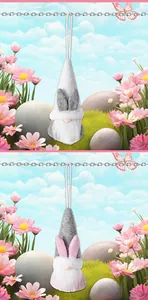 Detail showing Easter gnome plush ornaments with rabbit ears and white hanging ropes