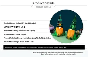Spécifications détaillées de taille et de matériau pour les gnomes de la Saint-Patrick
