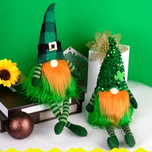 Close-up of St. Patrick's Day gnomes with green sequins and orange faux fur beard