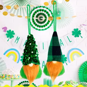 Detail of St. Patrick's Day gnomes with green sequin hats and orange beards on hanging loops