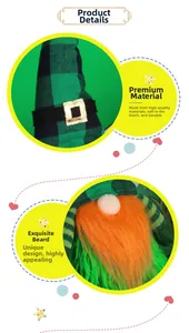 Detail of St. Patrick's Day gnome featuring soft green plaid hat and orange fiber beard