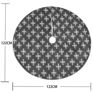 Round 122cm dark grey Christmas tree skirt with white snowflake patterns in soft plush fabric