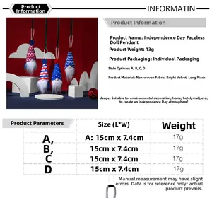 Größentabelle für Independence Day Zwerg-Anhänger mit Maßen 15x7.4cm und Gewichtsangabe