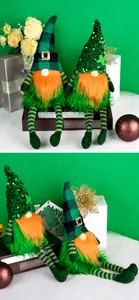 Detail of St. Patrick's Day gnomes with green sequins, clover decor and striped long legs