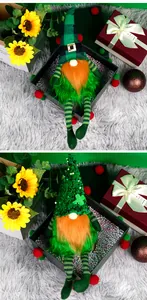 Detail of St. Patrick's Day gnomes with green sequin hats and orange beards on fur rug