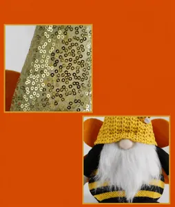 Detail of bee gnome with gold sequins, knit fabric, and soft faux fur beard texture