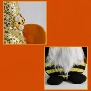 Close-up of sparkling gold sequins and plush materials on a bee-themed gnome doll