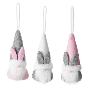 Three-piece Easter gnome plush ornaments with bunny ears and white faux fur beards