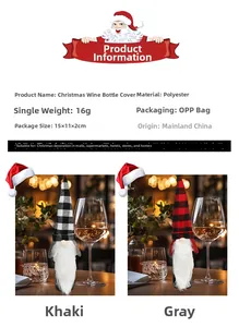 Detail showing polyester gnome wine bottle covers with plaid hats and long faux fur beards