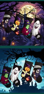 Σετ τεσσάρων χριστουγεννιάτικων καλτσών Halloween με σχέδια χάρου, κολοκύθας, μάγισσας και φαντάσματος