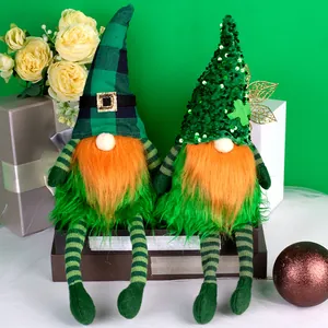 St Patrick's Day Gnome Plush With Shamrock Plaid Sequin Hat Orange Beard Long Legs Handmade Elf Dwarf Home Table Decor
