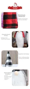Detail of red and white plaid polyester fabric and soft faux fur beard on Christmas gnome