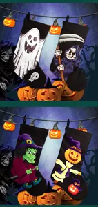 Λεπτομερής όψη τεσσάρων καλτσών Halloween με φάντασμα, χάρο, μάγισσα και κολοκύθα