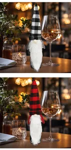 Detail of red and black buffalo plaid gnome wine bottle covers with plush white beards