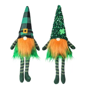 Pair of St. Patrick's Day gnomes with green hats, shamrocks, and orange beards on white background