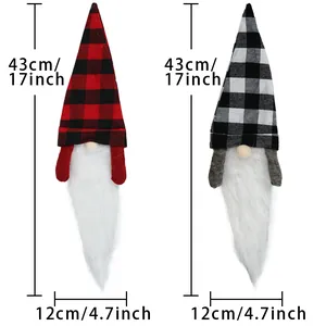 Detailed dimensions of 43cm tall Christmas gnome wine bottle covers with plaid hats