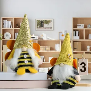 Spring Bee Gnome Plush Faceless Doll Striped Sequin Knit Hat Bumblebee Decoration For Home Tabletop Festival Ornament Gift