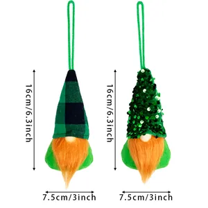 Saint Patrick's Day gnomes set with green leaf and sequin hats, 6.3 inch height