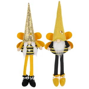 Bee theme gnomes plush with striped long legs and golden sequins for festive decoration