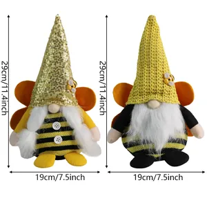 Set of two yellow and black bee gnomes plush decorations with wings, 29cm tall