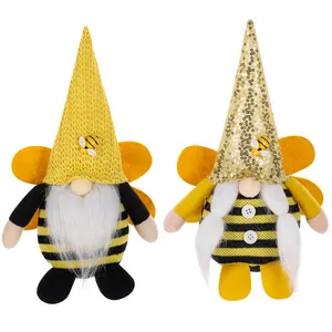 Bee festival gnome plush dolls set with yellow knit hats and white braids decorations