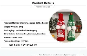 Detail of knitted snowman wine bottle cover with festive pompoms and rustic textures