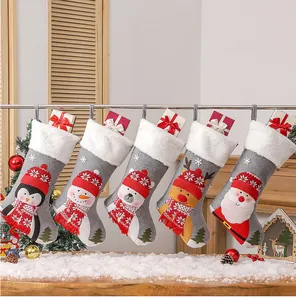 Detail of 5-piece grey felt Christmas stockings with 3D festive characters and plush cuffs