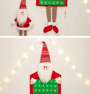 Detail of Santa felt advent calendar with 24 numbered pockets and plush doll decor