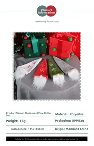 Close-up of knit gnome wine bottle covers with snowflake patterns and faux fur beards