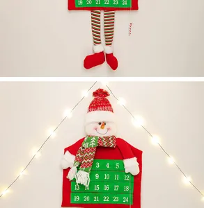 Detail of fabric snowman advent calendar with 24 numbered pockets and warm fairy lights