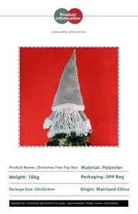 Detailed Nordic Christmas gnome tree topper with grey knitted snowflake hat and lace beard