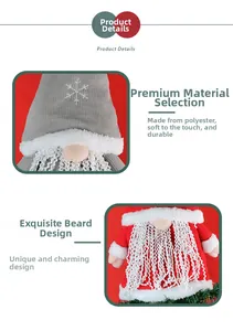 Detailed view of knitted fabric and fluffy white beard on red Christmas gnomes
