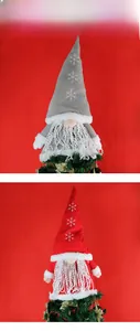 Detail of knitted gnome Christmas tree toppers with snowflake embroidery and long beards