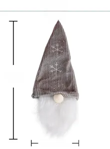 Detailed view of Christmas gnome wine bottle cover with grey knitted hat and dimensions