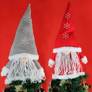 Christmas Tree Topper Gnome Knitted Long Pointed Hat With Snowflake Embroidery Faceless Forest Old Man Nordic Ornament