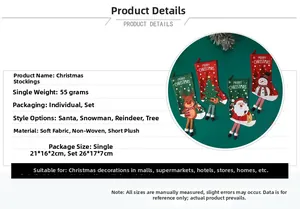 Detailed size chart for Christmas stockings featuring Santa, Snowman, and Reindeer designs