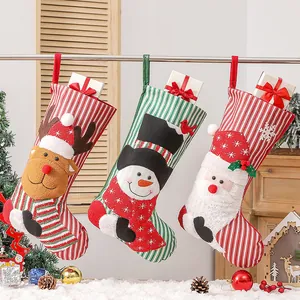 Christmas Stockings Large 3D Santa Snowman Reindeer Non-Woven Plush Knitted Striped Hanging Gift Bag Xmas Tree Decor