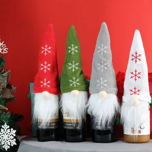 Knitted Christmas Gnome Wine Bottle Cover With Snowflake Embroidery Nordic Style Tomte Festive Dinner Table Decoration Red Green Gray White