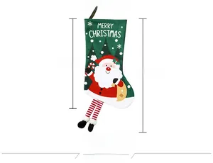 Detailed size display of green Christmas stocking with Santa Claus 3D figure and stripes