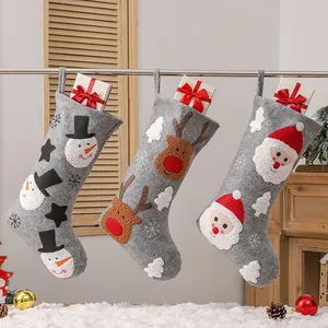 Christmas Stocking Large Gray Felt Embroidery Santa Snowman Reindeer Hanging Fireplace Festive Home Decor Gift Bag