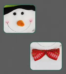 Detailed close-up of snowman doll with plush fabric and red knitted snowflake bow